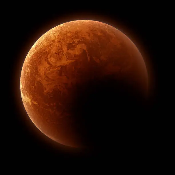 The red planet Mars, known for its rusty, dusty surface.